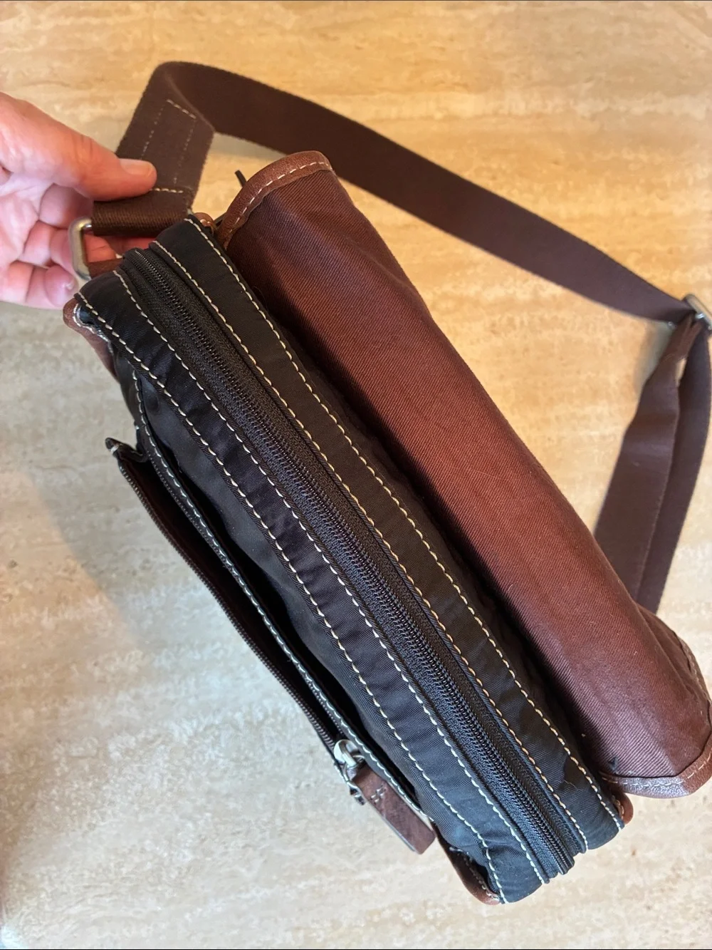 Fossil Black Nylon Messenger Bag with Brown Leather Trim euc